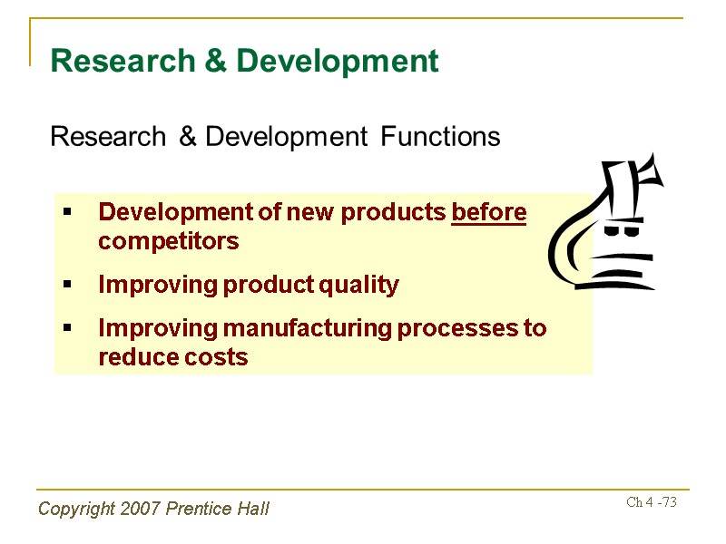 Copyright 2007 Prentice Hall Ch 4 -73 Research & Development Research & Development Functions